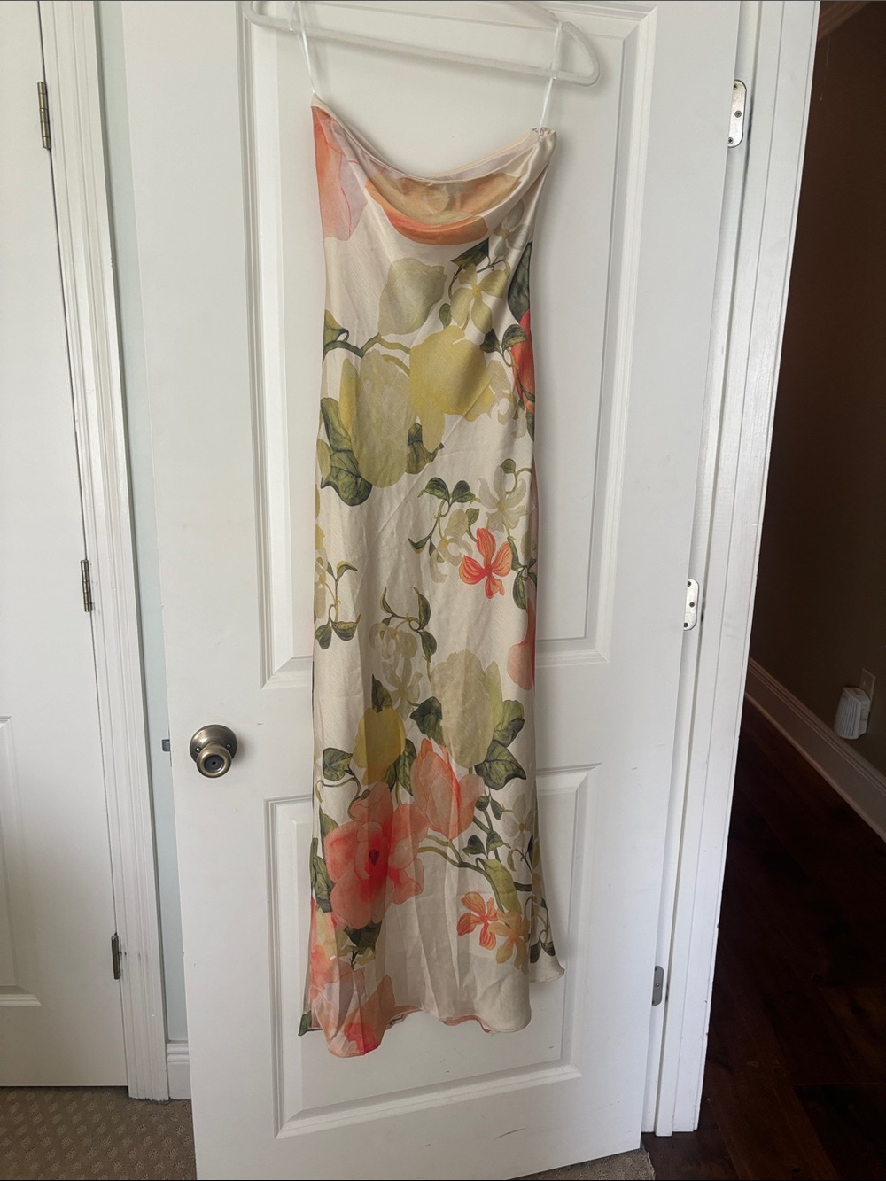 12th Tribe Cream Floral Slip Maxi Dress with Coral & Green Accents